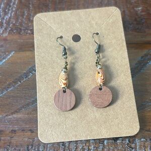 Wooden Dangle Earrings with Orange Accents